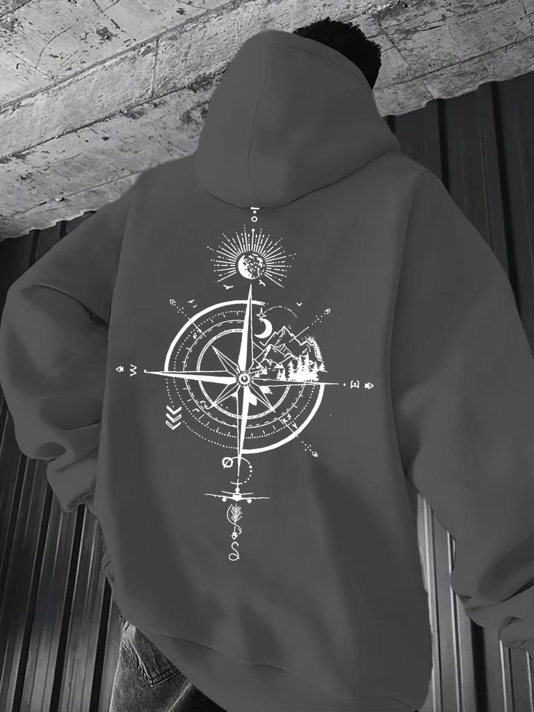 Vintage Compass Printed Hoodie Men's Autumn and Winter Casual Fashion Long-sleeved Sweatshirt Daily Street Clothing