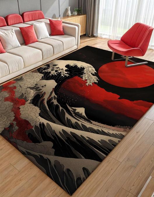 Japanese Wave Rug Red Sky, Moon, Zen Decor - Custom Size Living Room Bedroom Home Decoration Carpet