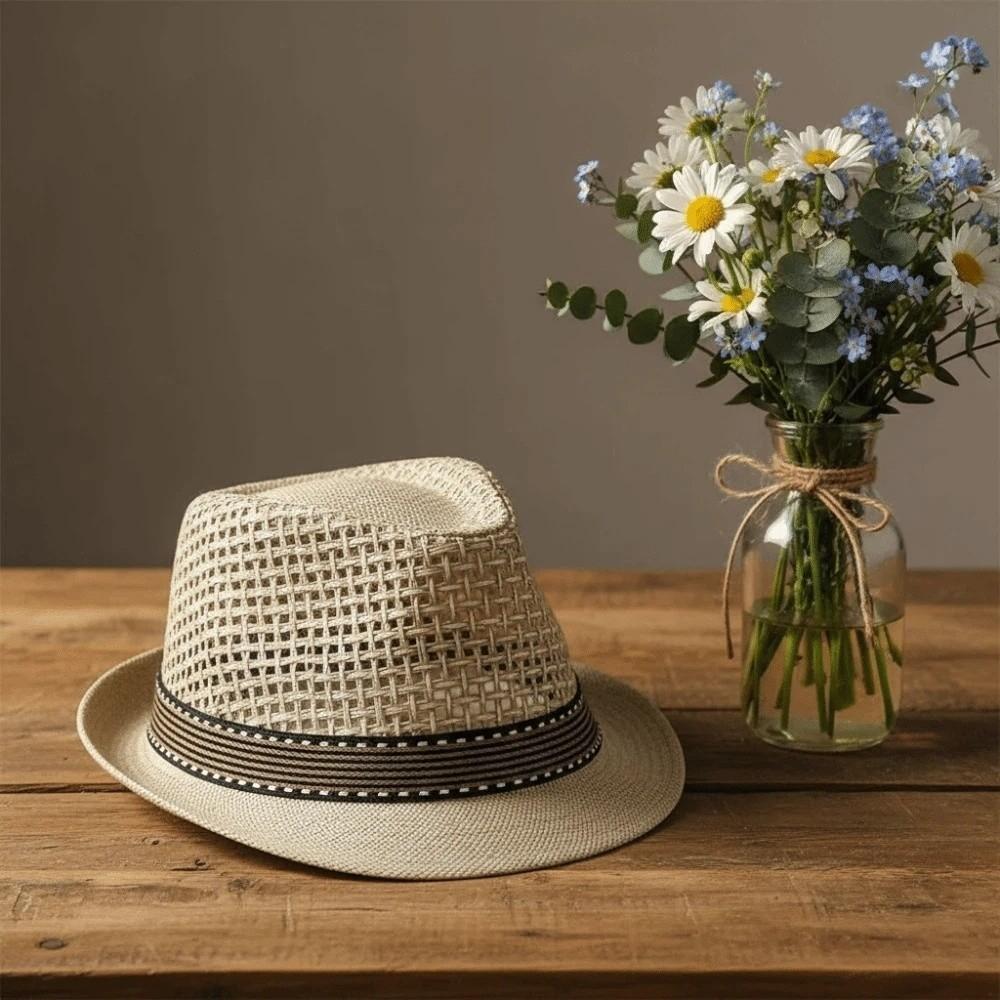 Short Brim Woven Straw Hat Breathable Vacation Beach Cap Sun Cap Men Panama Hat Summer