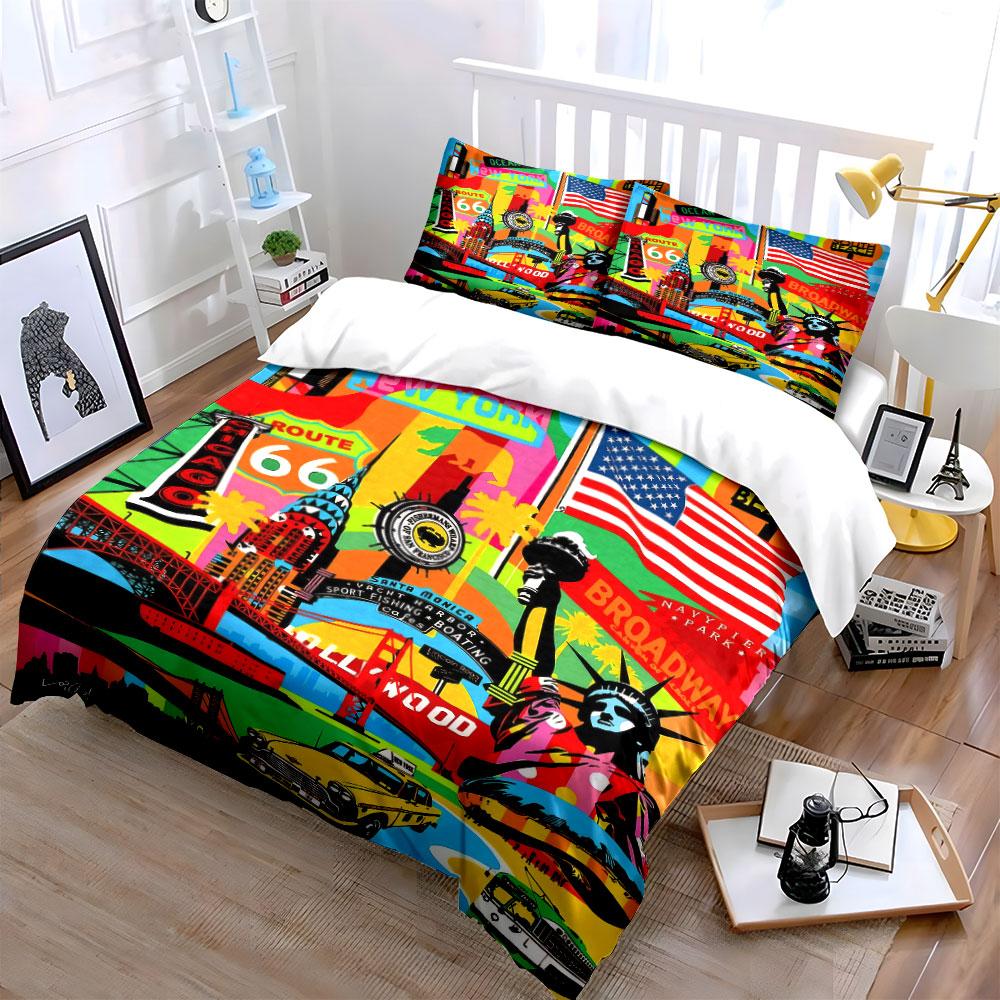 Colorful USA Cityscape Art Decor Bedding Set with 1 Duvet Cover 2 Pillowcases Single Double King Queen, Gift
