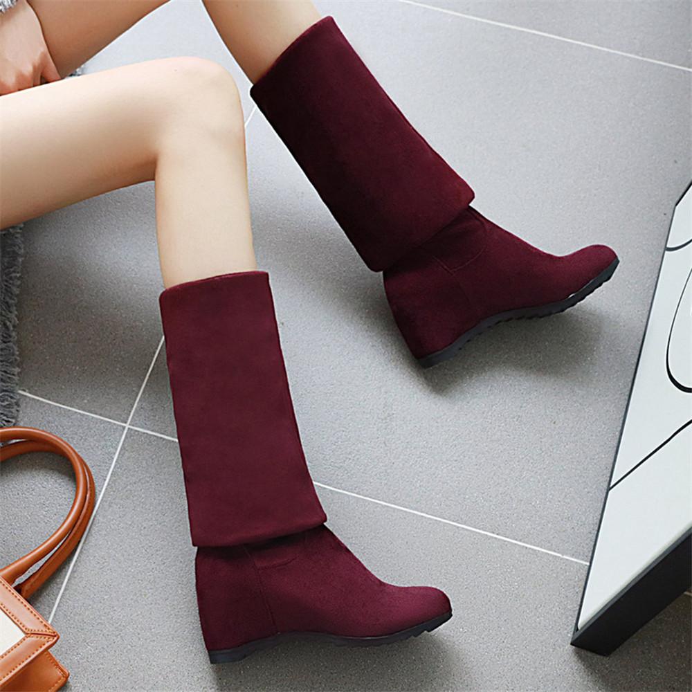 Модные женские ботфорты выше колена, каблуки, увеличивающие рост, облегающие длинные сапоги, черные, коричневые, винно-красные, флоковые, женская зимняя обувь, большие размеры 33-44