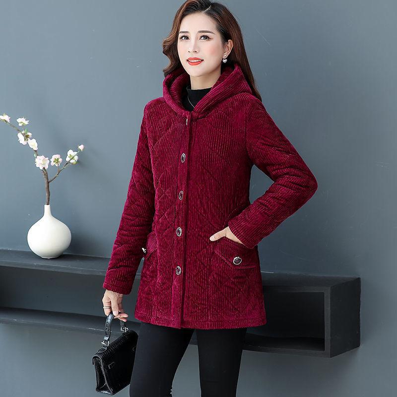 Женская зимняя однотонная утолщенная теплая вельветовая куртка для мам среднего возраста с капюшоном и подкладкой, облегающие топы для темперамента