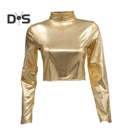 Women Club Top Glossy Faux Leather Half-high Collar Solid Color Waist-exposed Long Sleeve Skinny Pullover Elastic Nightclub Stage Show Party T-shirt