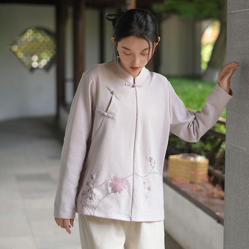 Johnature Женская вышитая цветочная стойка толстовки с длинным рукавом в китайском стиле ткани осенний однотонный пуловер толстовка