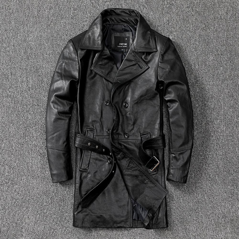 Autumn and Winter New Men's Leather Jacket Mid-length First-layer Cowhide Windbreaker Lapel Leather Jacket for Men