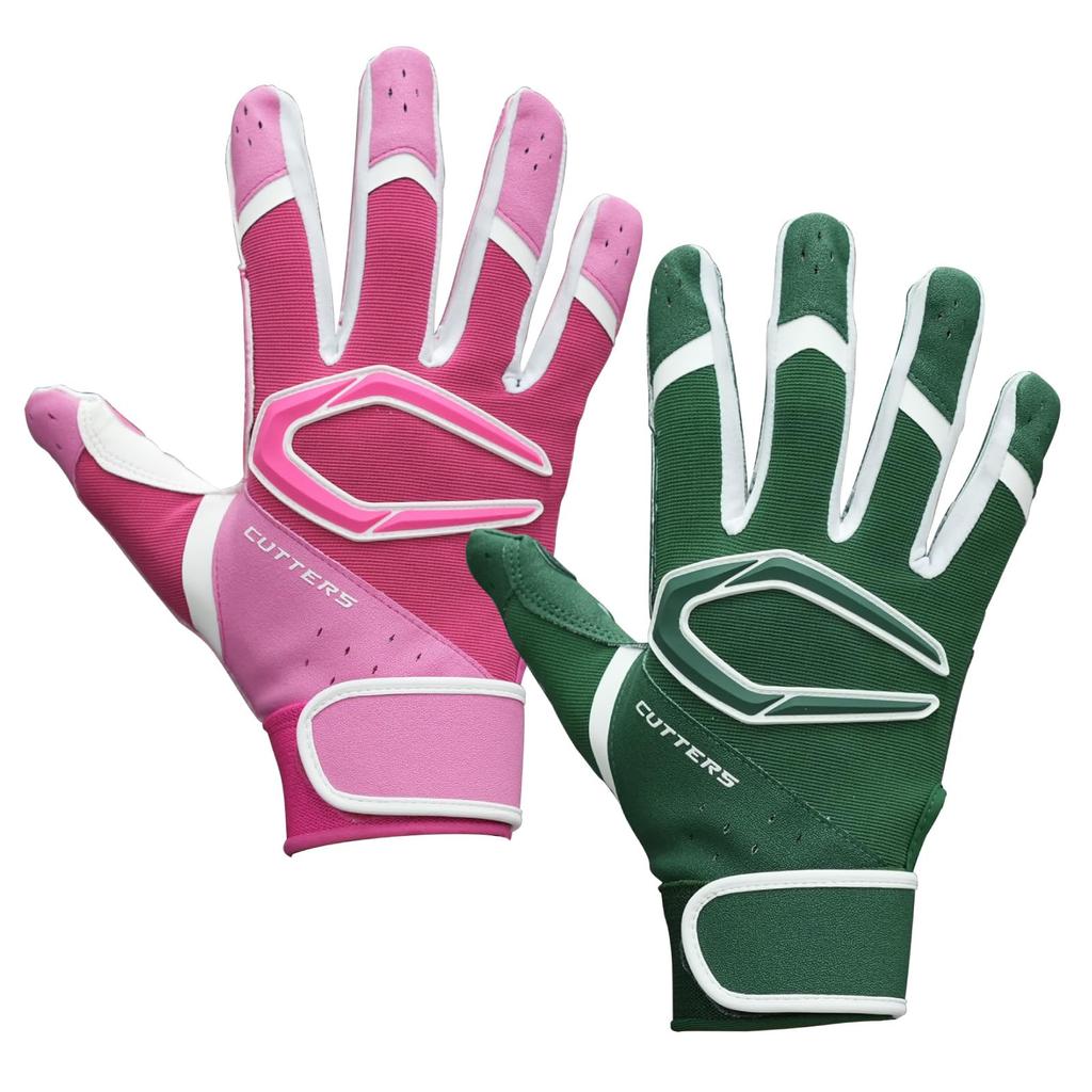 CUTTERS Batting Gloves B444 Power Control Size 4.0, Ambidextrous, Baseball/Softball, M, Pink/White