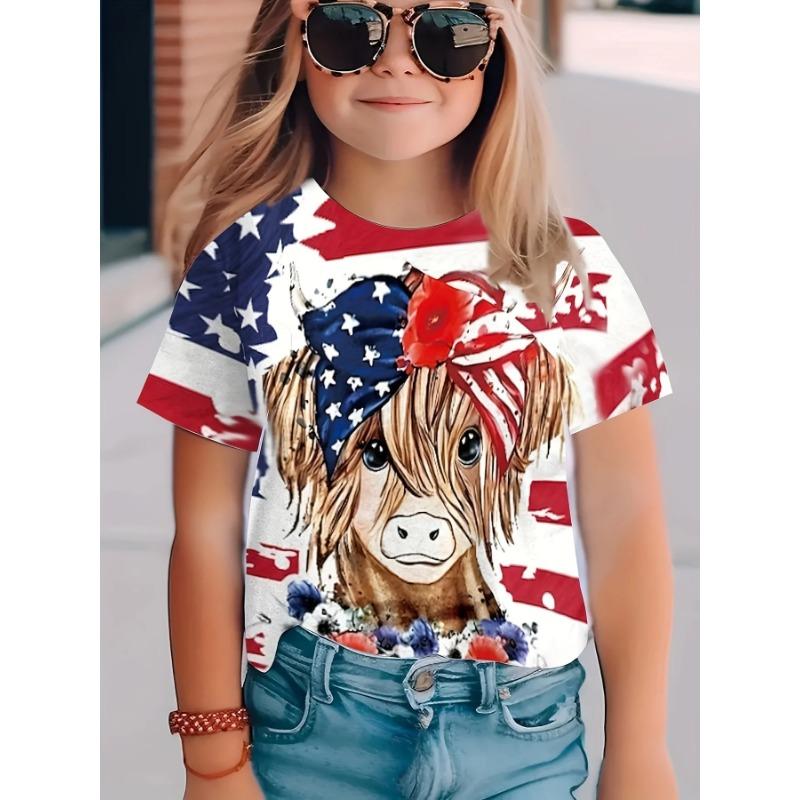 Детская футболка для девочек, летняя, с милым 3D-принтом, с круглым вырезом и короткими рукавами
