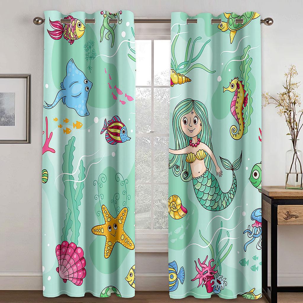 Children's Favorite Underwater World Animal Mermaid Shade Curtain Living Room Bedroom Baby Room Decor Cortina 2 Panels