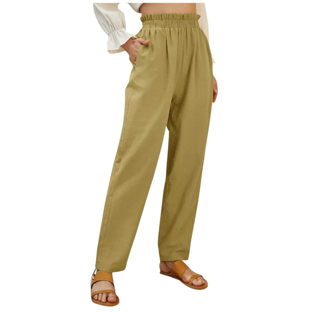 Women's Solid Color High Waist Cotton And Hemp Loose Pocket Leisure Time Trouser