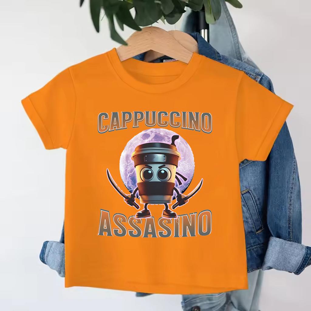 Italian Brainrot T-Shirt Kids Clothes Crew Neck Short Sleeve Tee Cappuccino Assassino Print T-shirt Summer Girl Boy Casual Tops