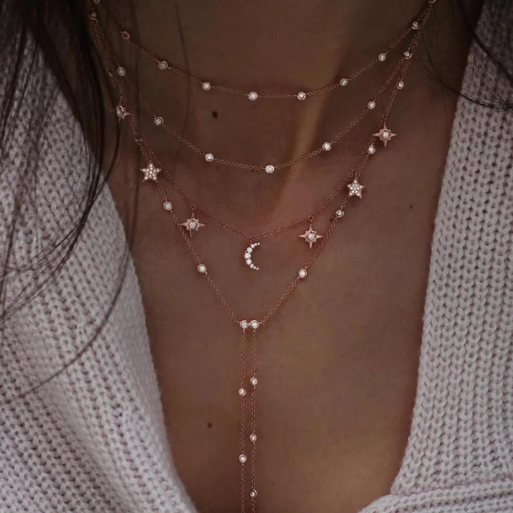 New Vintage Crystal Geometry Star Moon Lock Necklace For Women 2020 Boho Multi-level Pendants Necklaces Chokers Jewelry Gift