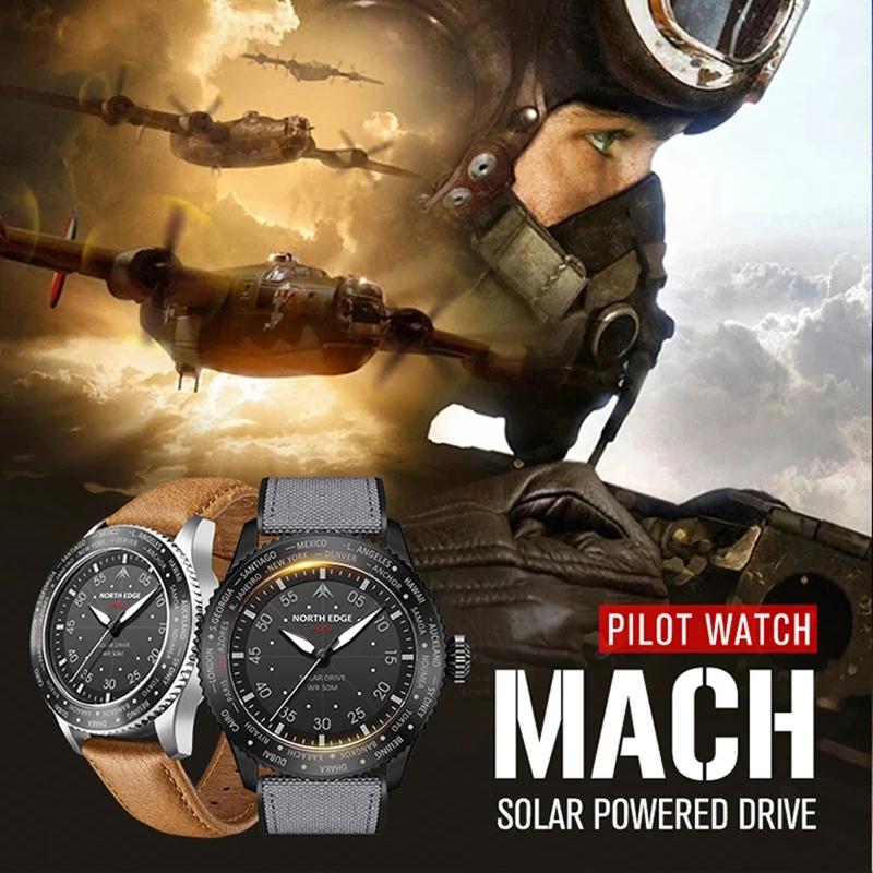 NORTH EDGE 2024 NEW MACH Solar Powered Watch For Men Waterproof 50M Men's Pilot Sports Casua Wristwatches Reloj Hombre Luminous