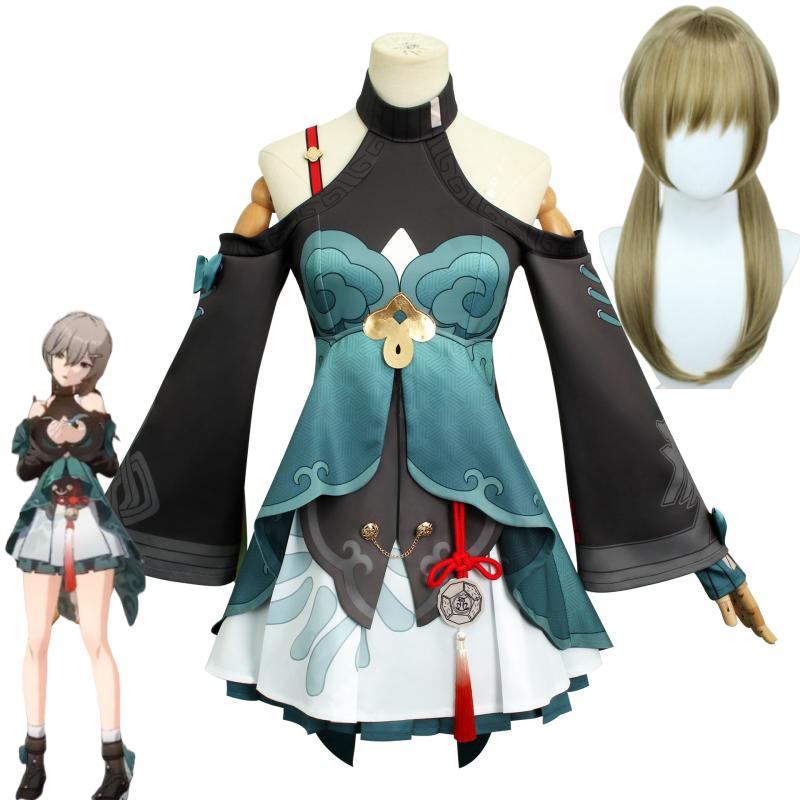 Game Honkai: Star Rail Qingque Cosplay Wig Dress Shorts Bow Headwear Accessories Full Set Clothing Halloween Carnival Costumes