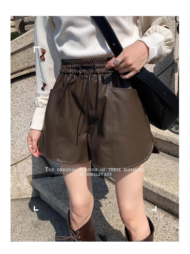 Autumn 2024 Women's High-Waist PU Leather Wide-Leg Shorts - Casual A-Line Style