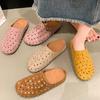 Fashion Rhinestone Hollow Baotou Spring Slippers Women's Outside Breathable New Round Head Foot Slip Fashion Flat Bottom Half Support