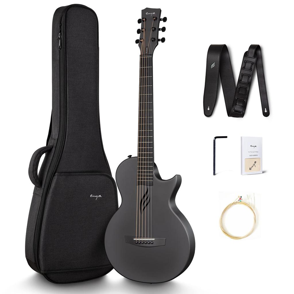 Enya Nova Go Acoustic Guitar, Carbon Fiber Mini Beginner Kit, Includes Guitar Case and Straps (Black)