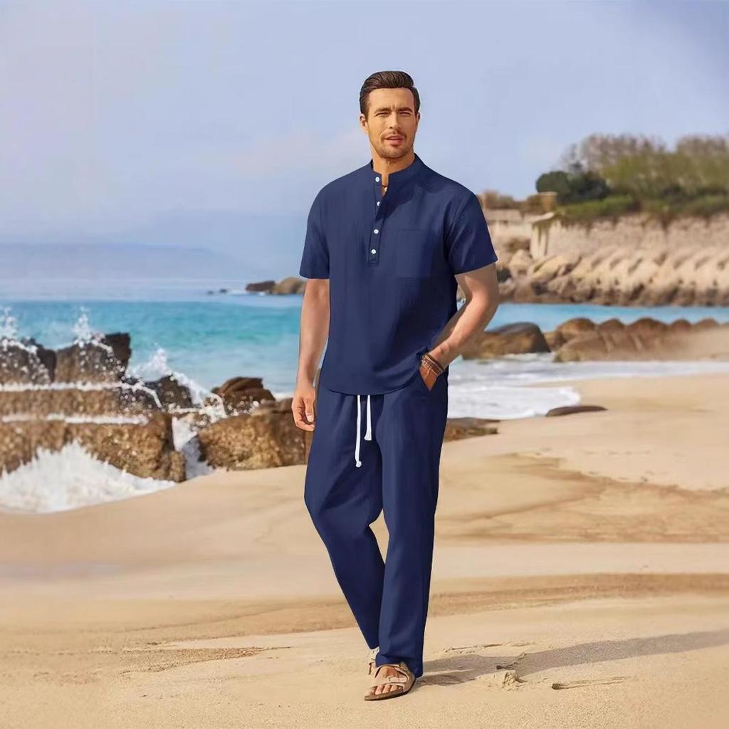 Мужской повседневный комплект из хлопка и льна на весну/лето 2025: Свободная футболка с коротким рукавом и длинные брюки