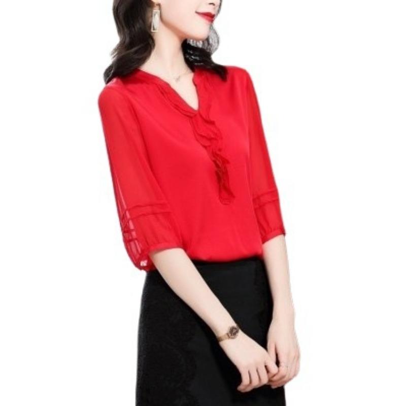 Шелковая рубашка для женщин, летняя, с короткими рукавами, Ханчжоу, новый стиль, черные уши, атласная свободная рубашка, шелковый топ Mulberry