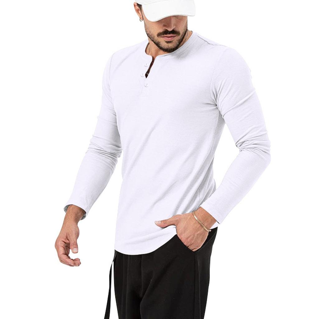 Men's Round Tie Button T-shirt Solid Color Casual Fashion Long-sleeved Top