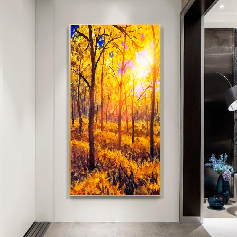 Современная картина на холсте, абстрактные текстурированные коричневые деревья с золотисто-желтыми листьями, настенные художественные постеры, принты для домашнего декора, Куадрос