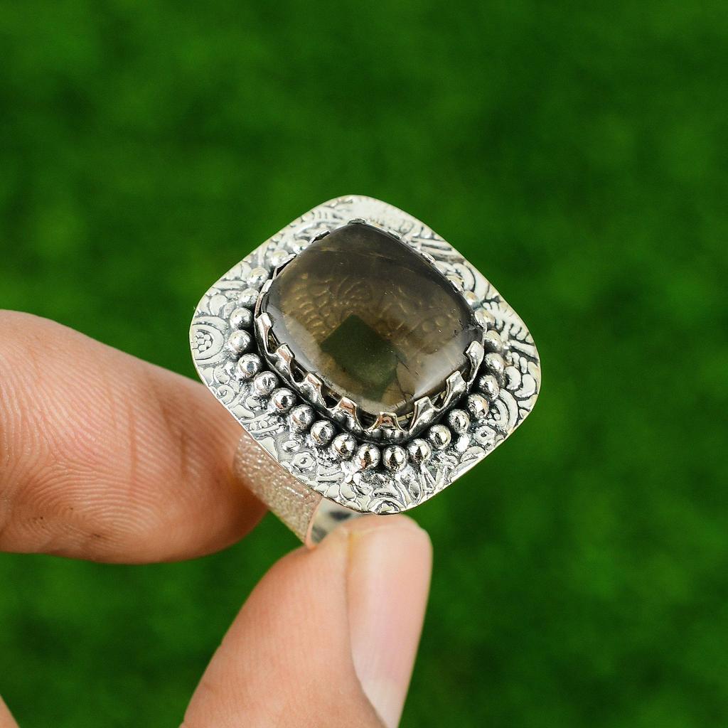 Распродажа ко Дню матери Натуральный дымчатый кварц Серебро 925 пробы Кольцо-заявление Ювелирное изделие США 9,5