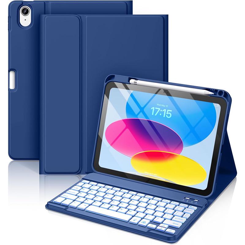 Совместимо с iPad A16 11-го поколения / 10-го поколения 10,9 дюйма: Семицветная Bluetooth-клавиатура с подсветкой в кожаном чехле.