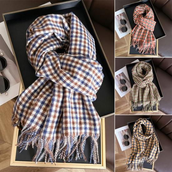 Women Scarf Plaid Print Knitting Shawl with Tassel Decoration Warm Scarf Versatile Comfortable Hair Accessory