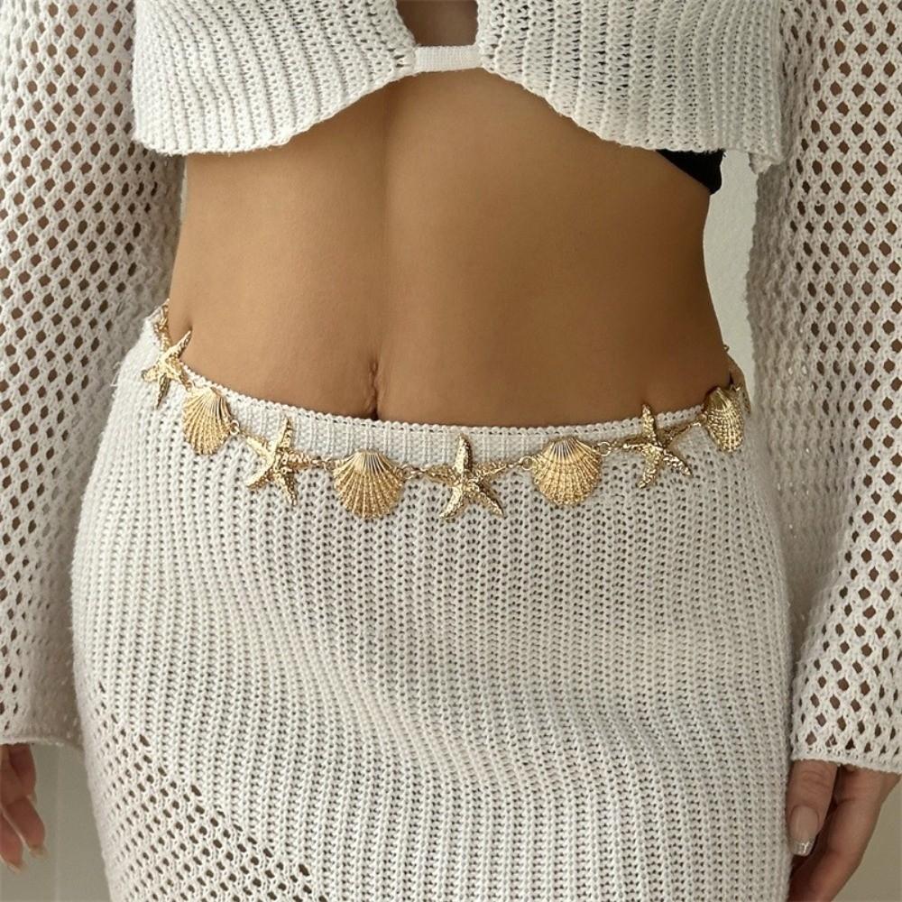 Gold Imitation Pearl Body Chain Multi-pendant Beads Belly Chain Retro Starfish Waist Chain Bikini