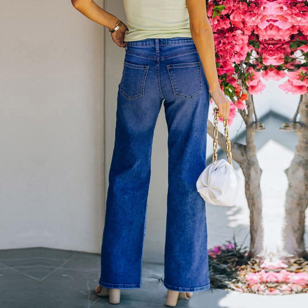 Women's Mid-Rise Stretch Jeans Fashion Straight Leg Denim Pants With Pockets