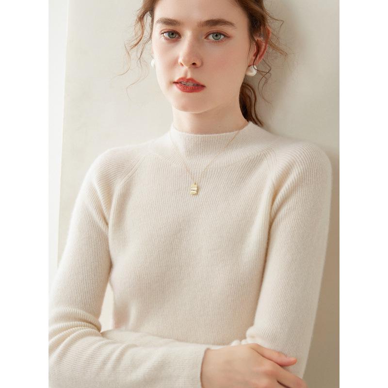 Women's Ribbed Cashmere Half-High Neck Sweater, Slimming Pullover, Long Sleeve Base Layer, Warm Knit Underlayer.