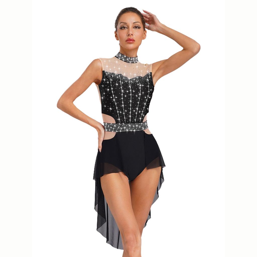 Women Lyrical Dance Dress Mock Neck Sleeveless Backless Shiny Rhinestones Color Block Mesh Skirted Leotard