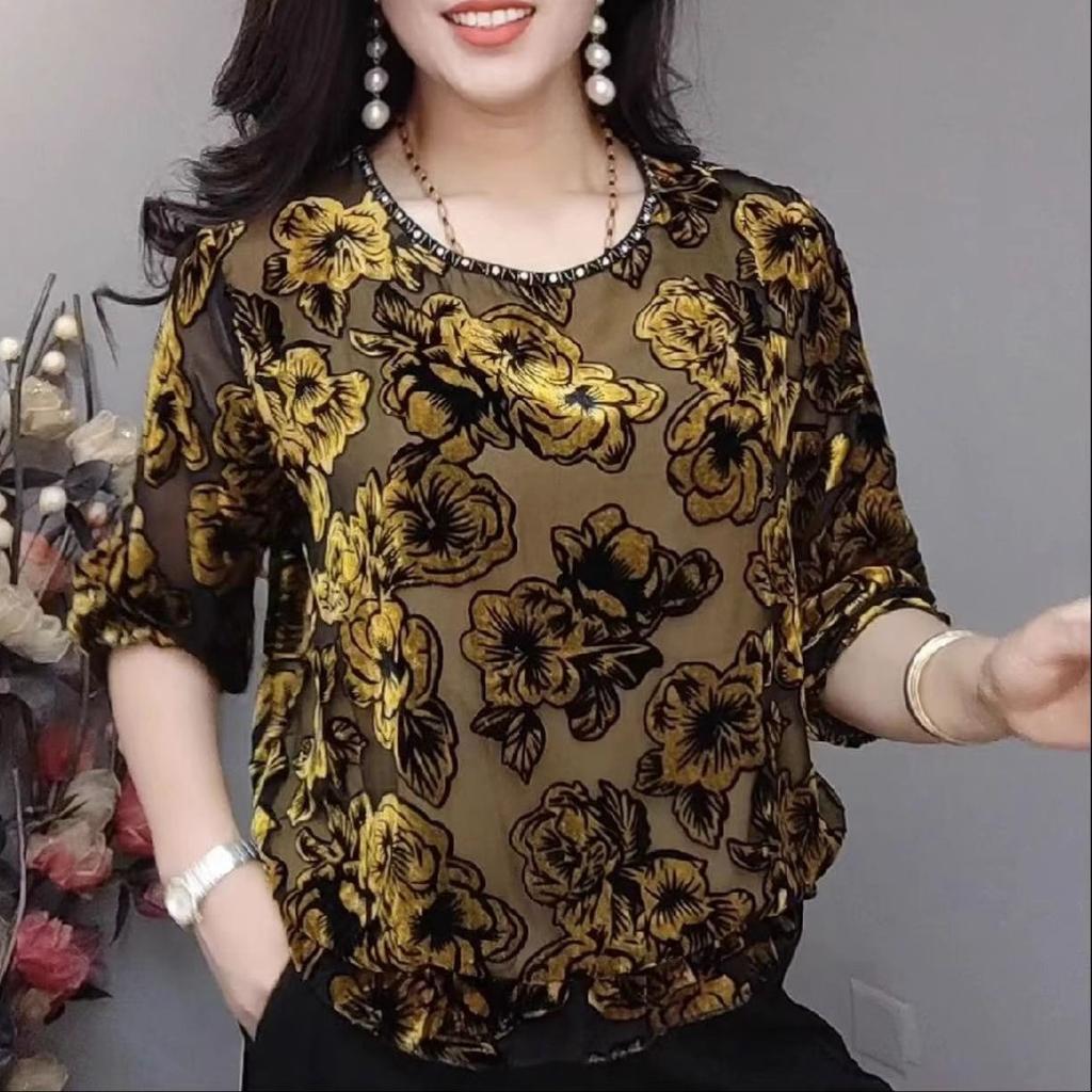 Autumn Women's Printed Velvet Blouse Loose Soft Pullover Long-sleeve Plus Size Velvet Blouse