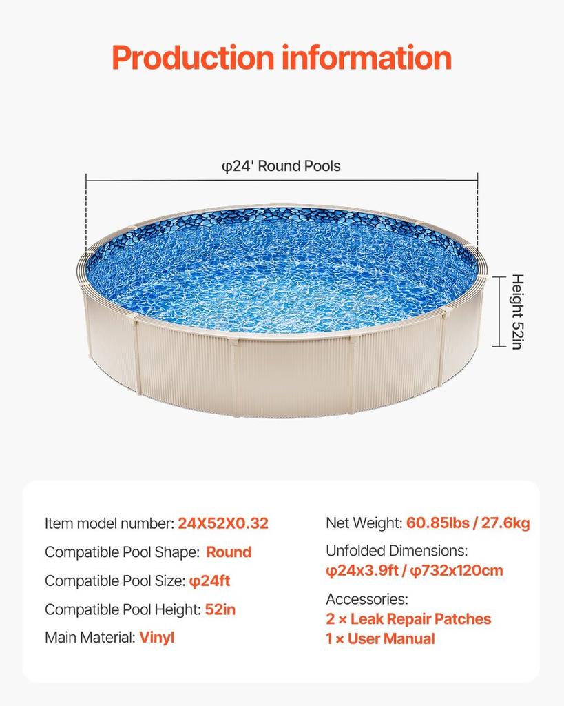 Round Pool Liner 24ft Unibead Style Pool Liner 52in Wall Height
