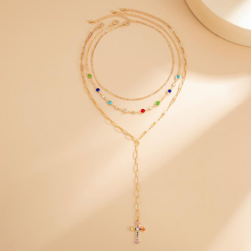 Fashionable Light Luxury Jesus Cross Pendant Necklace Set For Women Trendy Colorful Crystal Chain Choker Christian Jewelry Gift