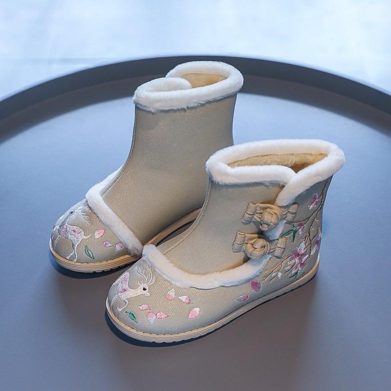 Детские хлопковые сапоги для девочек с вышитым кроликом 2024 года, детские зимние сапоги из теплого толстого плюша с мехом в китайском стиле