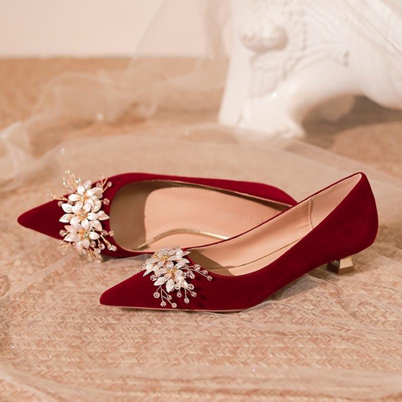 Fashion Stylish New Pointed Toe Shallow Suede Flower Slip-on Non-slip Wear-resistant Low-heel Wedding Shoes