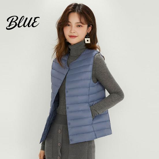 Белый пуховый жилет на осень-зиму Женская куртка без рукавов Стеганый легкий пальто Однобортный Круглый вырез Теплосберегающий Внутренний