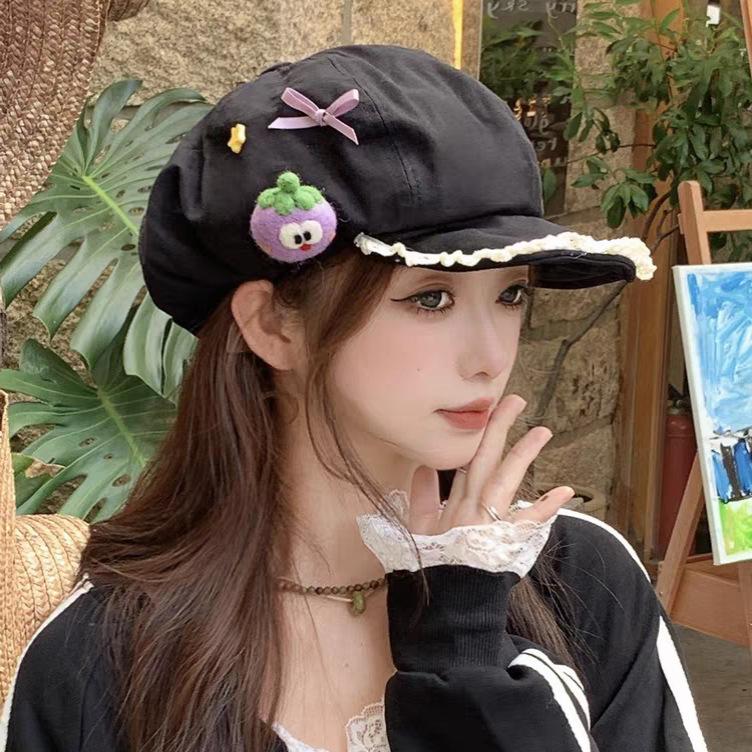 Cute star turned brim cotton and linen octagonal hat women's spring and summer face little beret sweet versatile cloud painter hat
