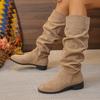 Fashion Women's Mid-heel Single Boots Spring New Round Head Suede Sleeve Fold Soft Sole Non-slip High Boots