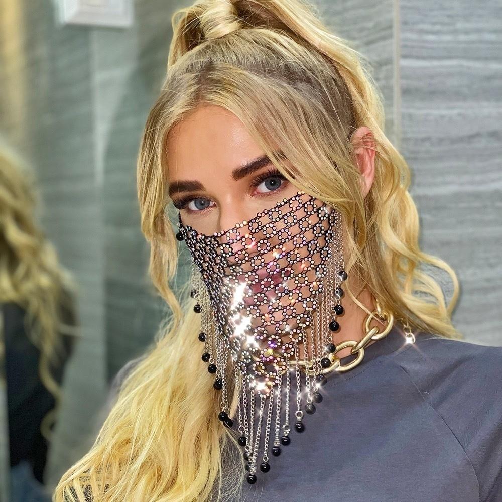 Bling Face Cover Tassel Masquerade Mask Reusable Rhinestone Mask Nightclub
