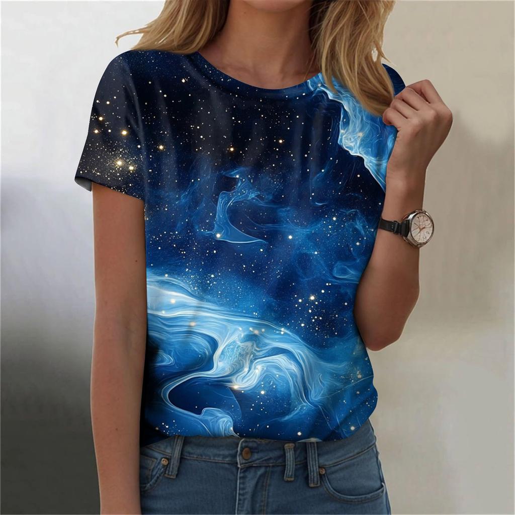 Женская мода повседневная футболка с круглым вырезом и короткими рукавами с принтом неба