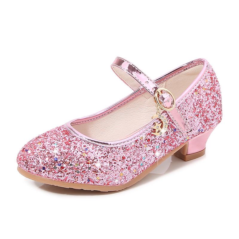 2025 Spring Girls' Rhinestone Sequin Princess Shoes - Solid Color Strap Buckle for Children's Performances