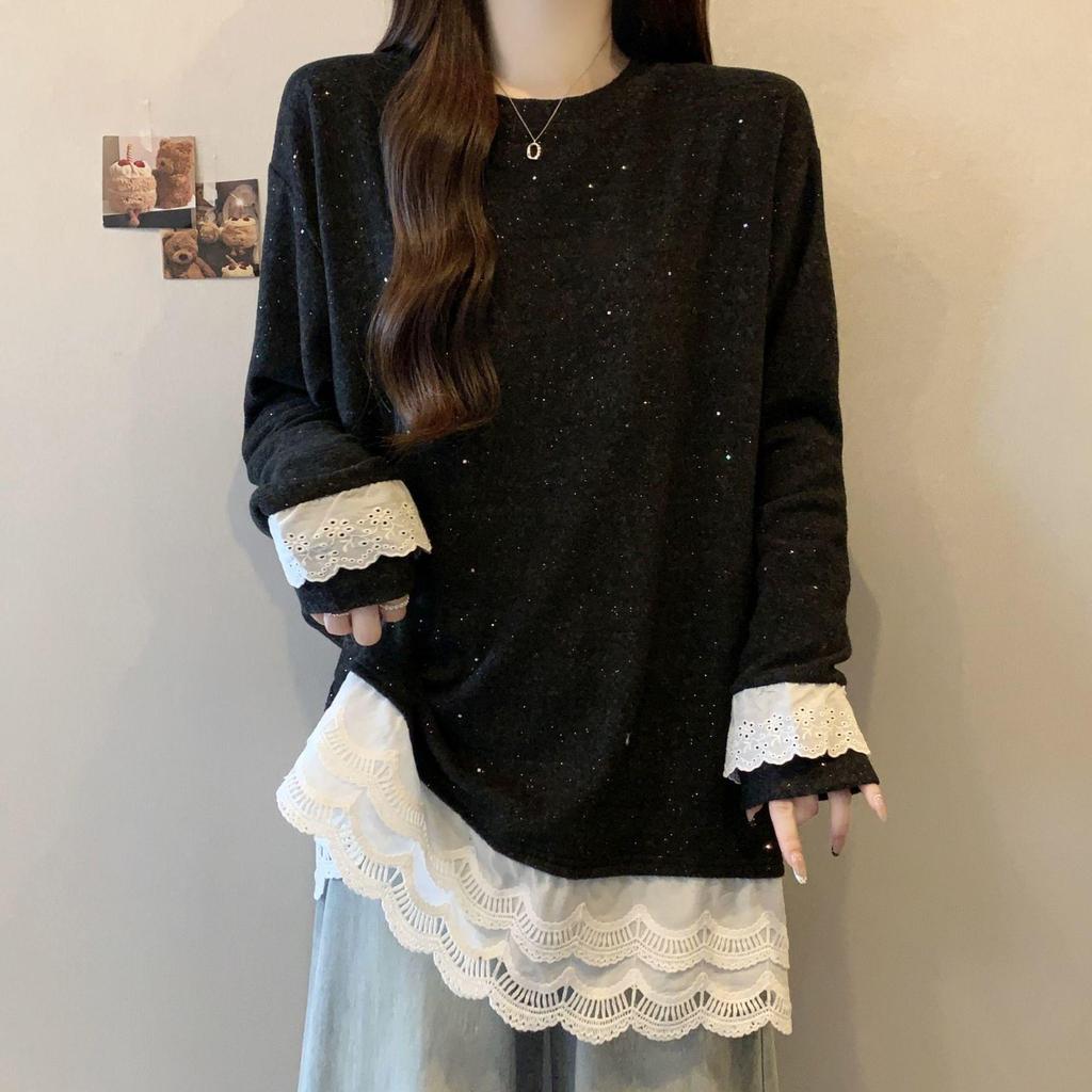 Бархатная кружевная пэчворк футболка с длинным рукавом большого размера для женщин, новый осенне-зимний стиль, свободный и стройнящий крой