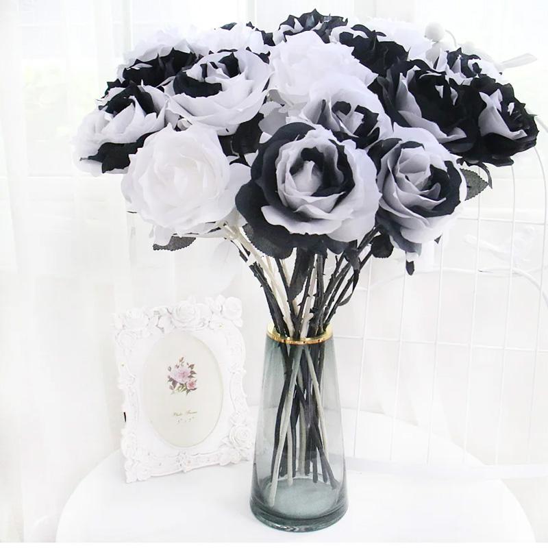 2 шт. 5 головок 34 см Хэллоуин Декор Реалистичный Букет Искусственных Цветов Готический Черно-белый Искусственные Цветы Розы Ветка