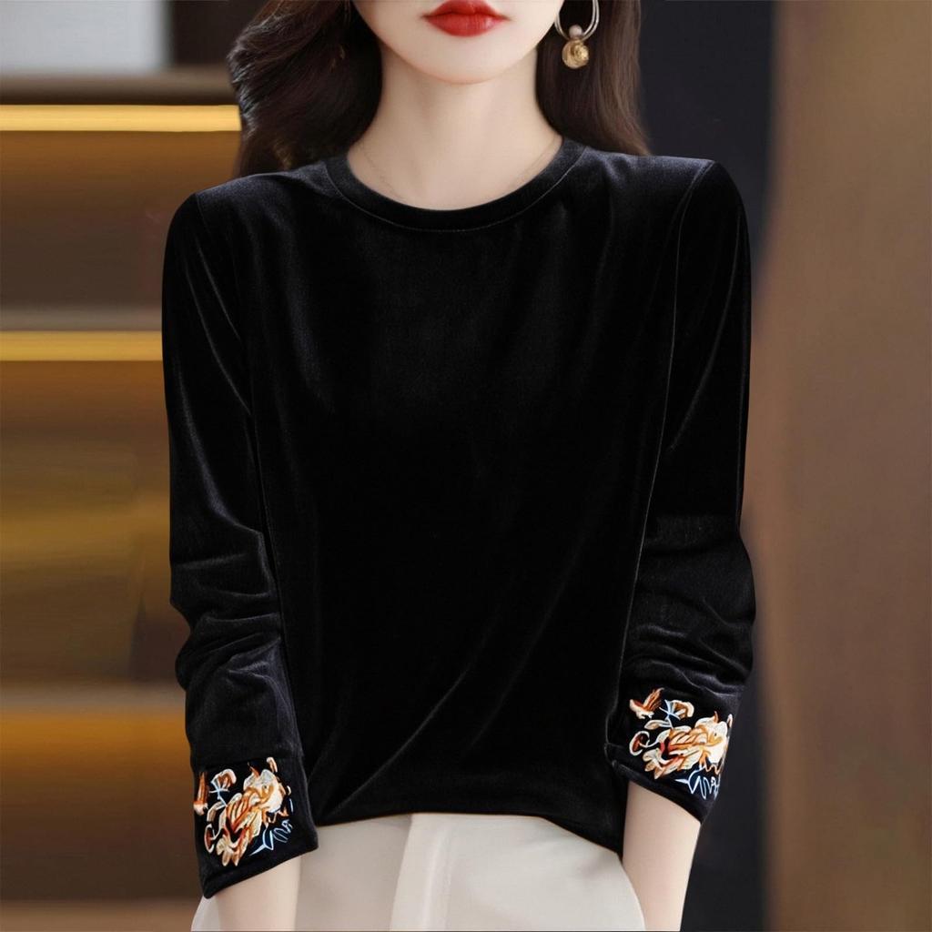 Женская модная бархатная футболка с круглым вырезом, свободный топ для многослойности