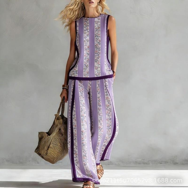 Popular bohemian style small fresh contrasting color trimmed loose wide-leg pants two-piece set floral pattern printing