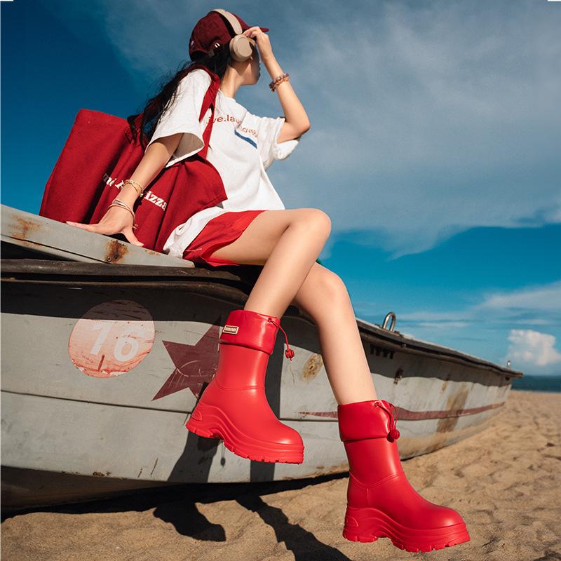 High-end women's rain boots medium and short tube outer wear versatile comfortable waterproof shoes thick sole heightening water shoes adult