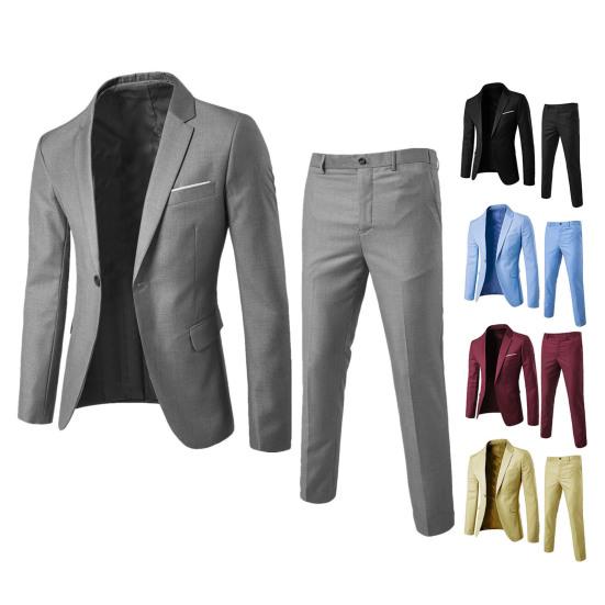 2 шт./компл. мужской приталенный костюм с лацканами, длинный рукав, одна пуговица, пальто, длинные брюки средней посадки, однотонный деловой наряд