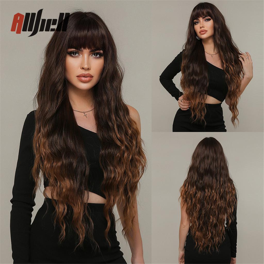 Ombre Темно-коричневые вьющиеся парики с челкой для чернокожих женщин Длинные волнистые синтетические волосы для косплея Парик Термостойкое волокно Афро-повседневный парик