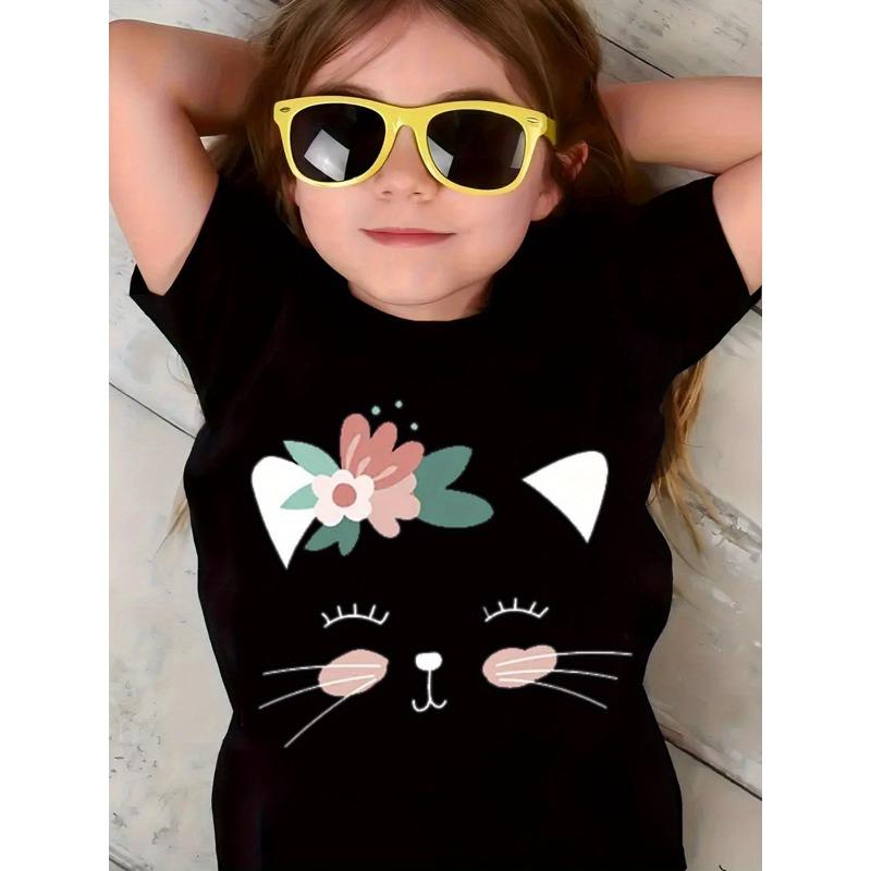 European sizes Summer Children's Kitten Flower Print Round Neck Short Sleeve T-shirt, Simple and Fashionable Black, White, and Pink Kitten T-shirt